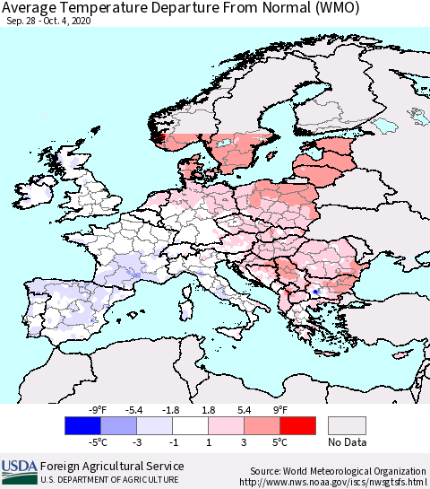 Europe Average Temperature Departure from Normal (WMO) Thematic Map For 9/28/2020 - 10/4/2020