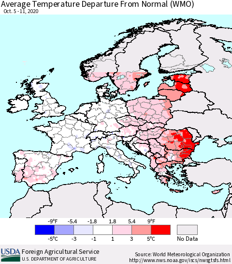 Europe Average Temperature Departure from Normal (WMO) Thematic Map For 10/5/2020 - 10/11/2020