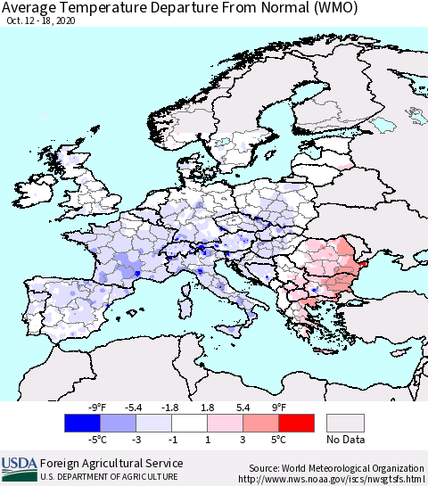 Europe Average Temperature Departure from Normal (WMO) Thematic Map For 10/12/2020 - 10/18/2020