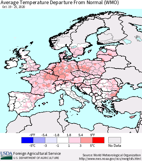 Europe Average Temperature Departure from Normal (WMO) Thematic Map For 10/19/2020 - 10/25/2020