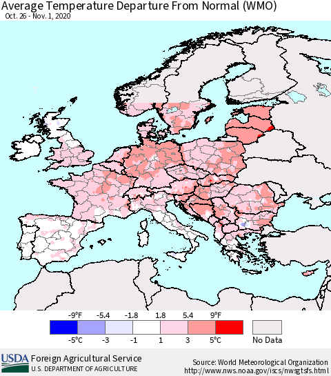 Europe Average Temperature Departure from Normal (WMO) Thematic Map For 10/26/2020 - 11/1/2020