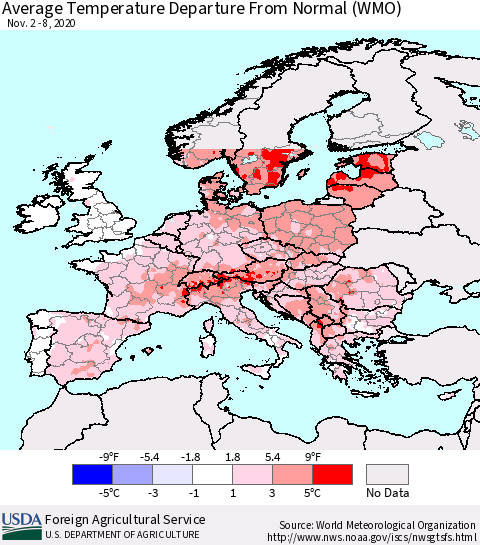 Europe Average Temperature Departure from Normal (WMO) Thematic Map For 11/2/2020 - 11/8/2020