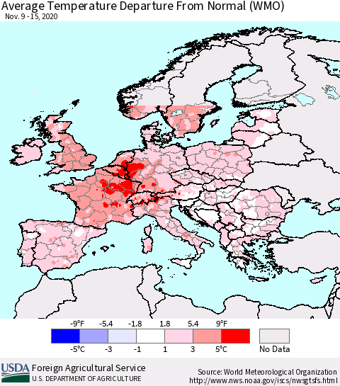 Europe Average Temperature Departure from Normal (WMO) Thematic Map For 11/9/2020 - 11/15/2020