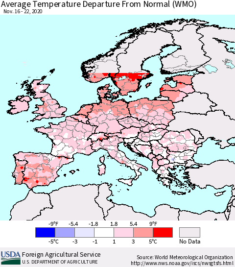 Europe Average Temperature Departure from Normal (WMO) Thematic Map For 11/16/2020 - 11/22/2020