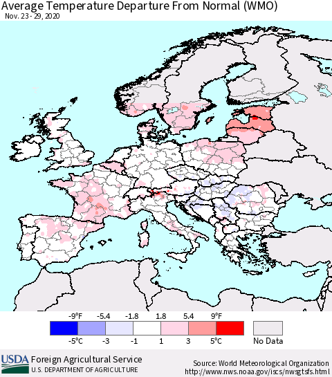 Europe Average Temperature Departure from Normal (WMO) Thematic Map For 11/23/2020 - 11/29/2020