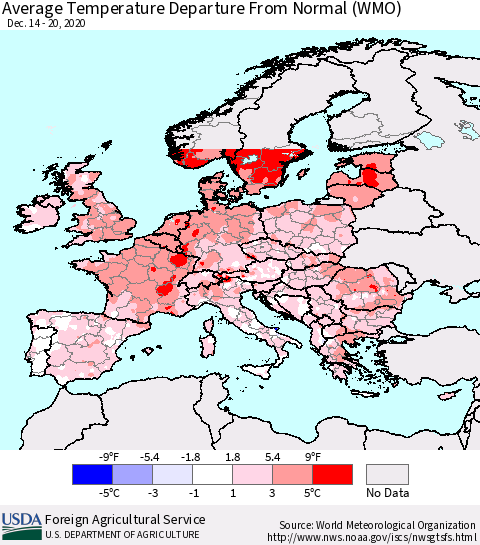 Europe Average Temperature Departure from Normal (WMO) Thematic Map For 12/14/2020 - 12/20/2020