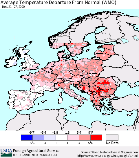 Europe Average Temperature Departure from Normal (WMO) Thematic Map For 12/21/2020 - 12/27/2020