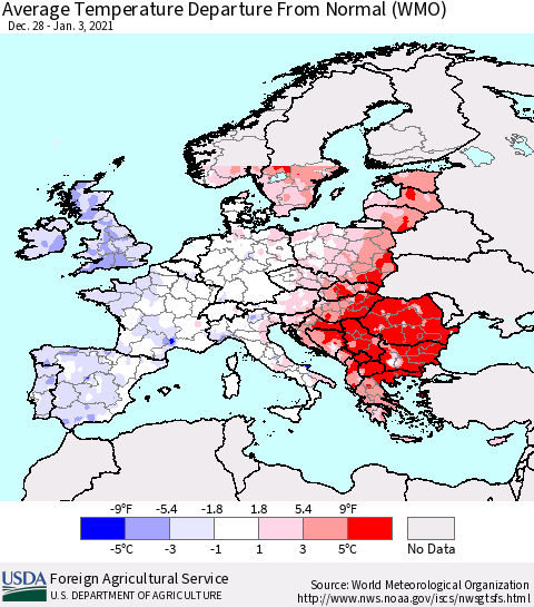 Europe Average Temperature Departure from Normal (WMO) Thematic Map For 12/28/2020 - 1/3/2021