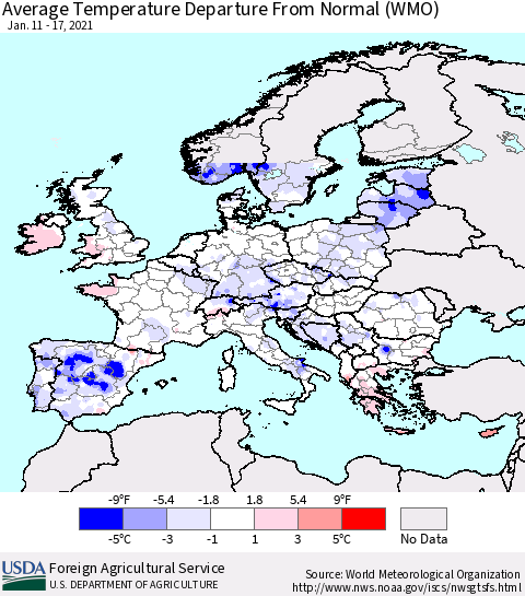Europe Average Temperature Departure from Normal (WMO) Thematic Map For 1/11/2021 - 1/17/2021
