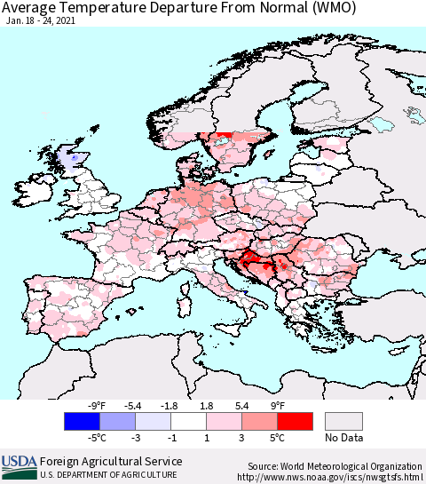 Europe Average Temperature Departure from Normal (WMO) Thematic Map For 1/18/2021 - 1/24/2021