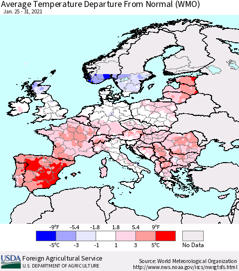 Europe Average Temperature Departure from Normal (WMO) Thematic Map For 1/25/2021 - 1/31/2021