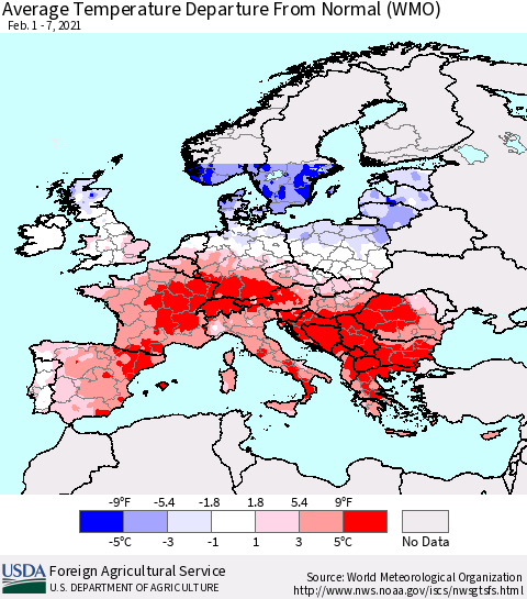 Europe Average Temperature Departure from Normal (WMO) Thematic Map For 2/1/2021 - 2/7/2021