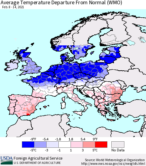 Europe Average Temperature Departure from Normal (WMO) Thematic Map For 2/8/2021 - 2/14/2021