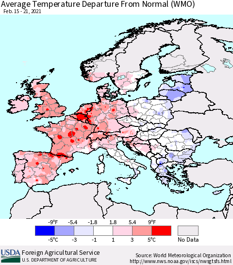 Europe Average Temperature Departure from Normal (WMO) Thematic Map For 2/15/2021 - 2/21/2021