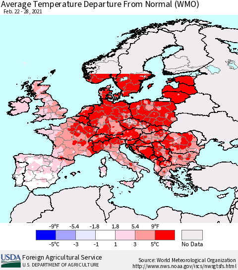 Europe Average Temperature Departure from Normal (WMO) Thematic Map For 2/22/2021 - 2/28/2021