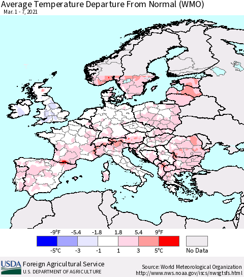 Europe Average Temperature Departure from Normal (WMO) Thematic Map For 3/1/2021 - 3/7/2021