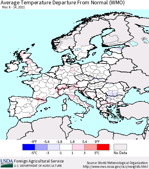 Europe Average Temperature Departure from Normal (WMO) Thematic Map For 3/8/2021 - 3/14/2021