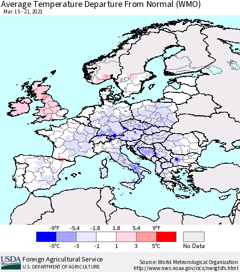 Europe Average Temperature Departure from Normal (WMO) Thematic Map For 3/15/2021 - 3/21/2021