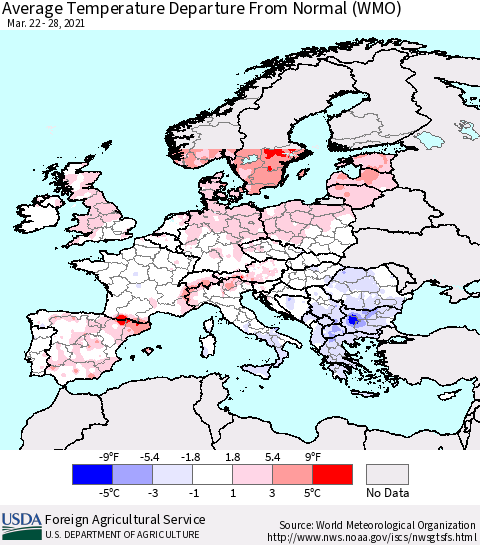 Europe Average Temperature Departure from Normal (WMO) Thematic Map For 3/22/2021 - 3/28/2021