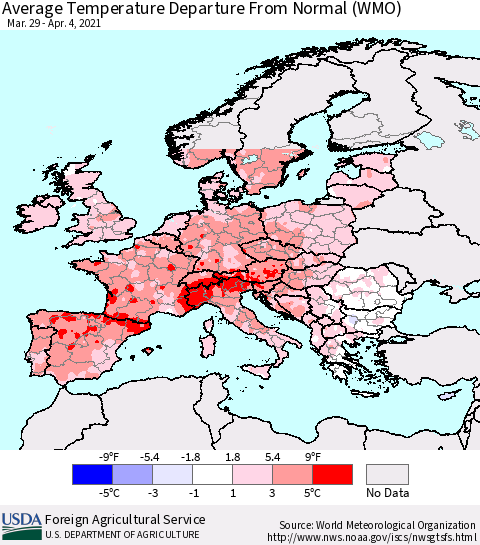 Europe Average Temperature Departure from Normal (WMO) Thematic Map For 3/29/2021 - 4/4/2021