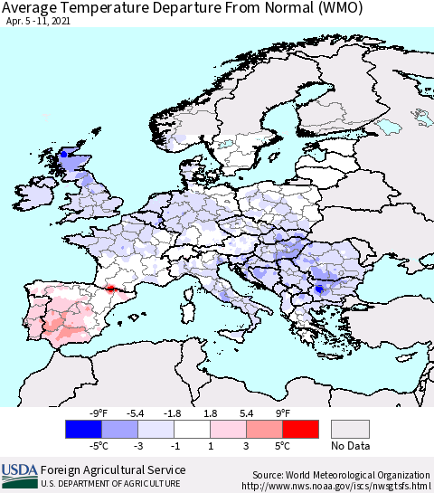 Europe Average Temperature Departure from Normal (WMO) Thematic Map For 4/5/2021 - 4/11/2021