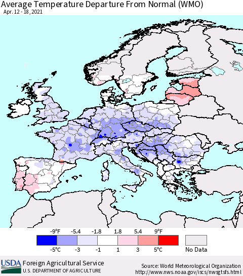 Europe Average Temperature Departure from Normal (WMO) Thematic Map For 4/12/2021 - 4/18/2021
