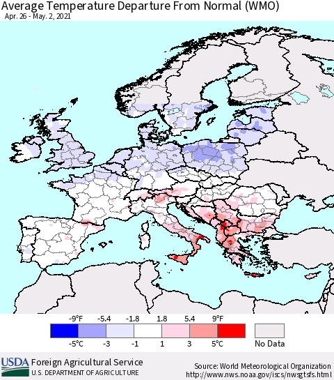 Europe Average Temperature Departure from Normal (WMO) Thematic Map For 4/26/2021 - 5/2/2021