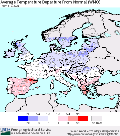 Europe Average Temperature Departure from Normal (WMO) Thematic Map For 5/3/2021 - 5/9/2021