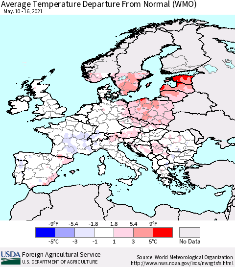Europe Average Temperature Departure from Normal (WMO) Thematic Map For 5/10/2021 - 5/16/2021