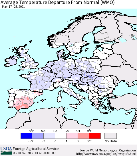 Europe Average Temperature Departure from Normal (WMO) Thematic Map For 5/17/2021 - 5/23/2021