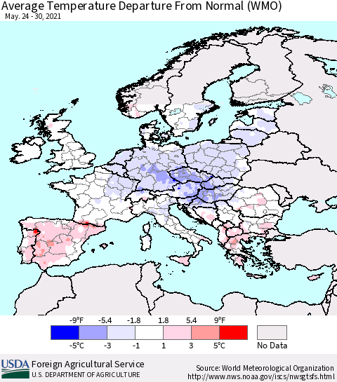 Europe Average Temperature Departure from Normal (WMO) Thematic Map For 5/24/2021 - 5/30/2021