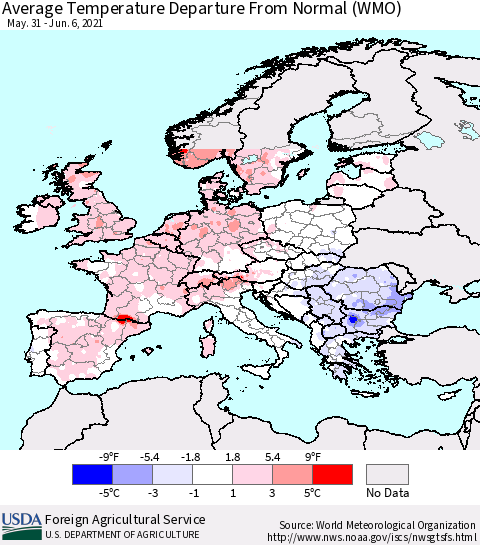 Europe Average Temperature Departure from Normal (WMO) Thematic Map For 5/31/2021 - 6/6/2021