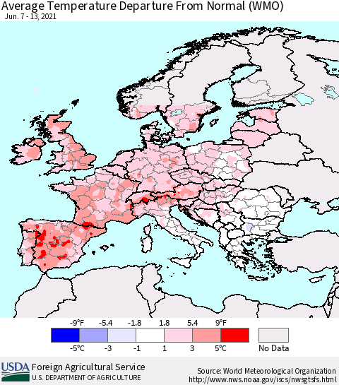 Europe Average Temperature Departure from Normal (WMO) Thematic Map For 6/7/2021 - 6/13/2021