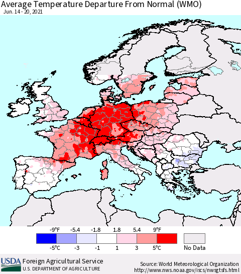 Europe Average Temperature Departure from Normal (WMO) Thematic Map For 6/14/2021 - 6/20/2021