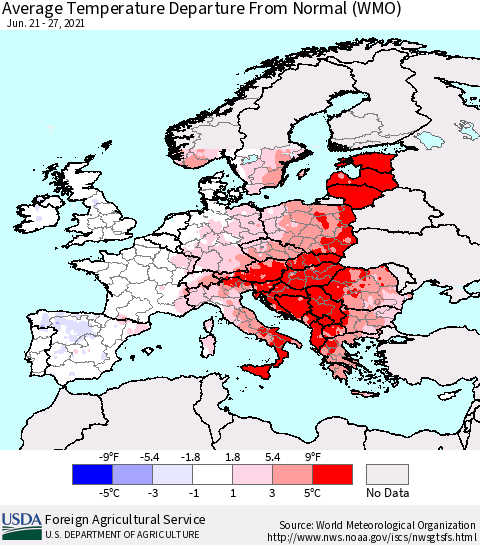 Europe Average Temperature Departure from Normal (WMO) Thematic Map For 6/21/2021 - 6/27/2021