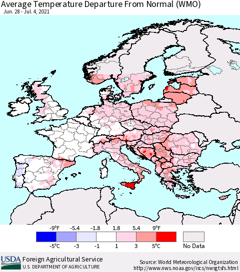 Europe Average Temperature Departure from Normal (WMO) Thematic Map For 6/28/2021 - 7/4/2021
