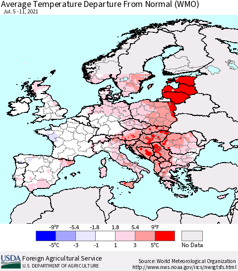 Europe Average Temperature Departure from Normal (WMO) Thematic Map For 7/5/2021 - 7/11/2021