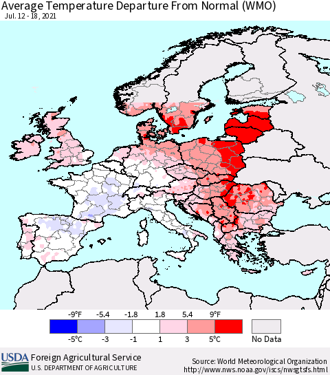 Europe Average Temperature Departure from Normal (WMO) Thematic Map For 7/12/2021 - 7/18/2021