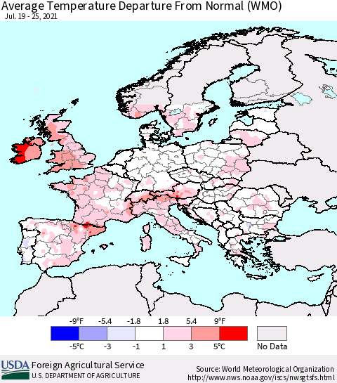 Europe Average Temperature Departure from Normal (WMO) Thematic Map For 7/19/2021 - 7/25/2021