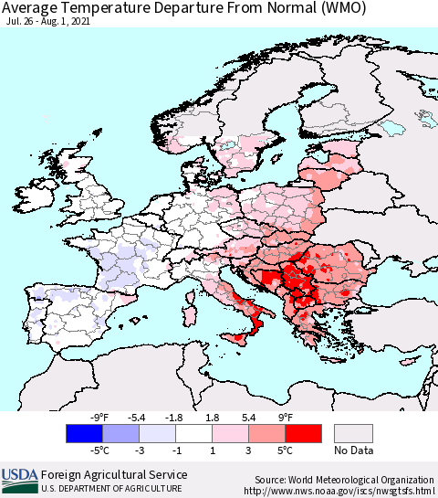 Europe Average Temperature Departure from Normal (WMO) Thematic Map For 7/26/2021 - 8/1/2021