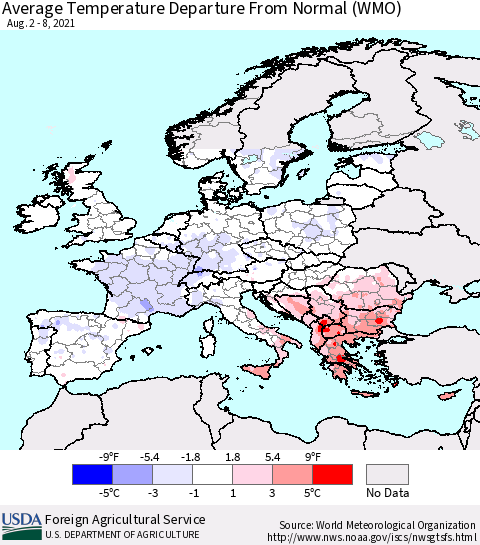 Europe Average Temperature Departure from Normal (WMO) Thematic Map For 8/2/2021 - 8/8/2021