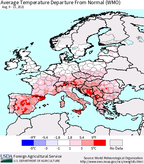 Europe Average Temperature Departure from Normal (WMO) Thematic Map For 8/9/2021 - 8/15/2021