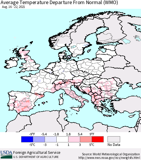 Europe Average Temperature Departure from Normal (WMO) Thematic Map For 8/16/2021 - 8/22/2021