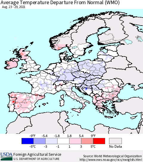 Europe Average Temperature Departure from Normal (WMO) Thematic Map For 8/23/2021 - 8/29/2021