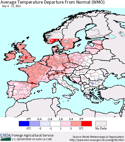 Europe Average Temperature Departure from Normal (WMO) Thematic Map For 9/6/2021 - 9/12/2021