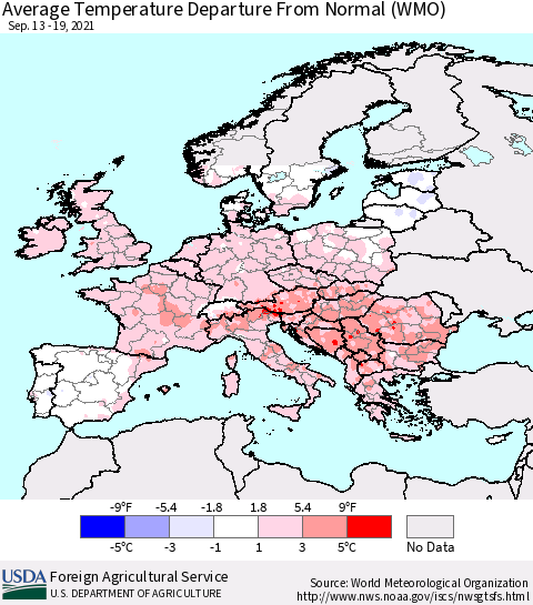 Europe Average Temperature Departure from Normal (WMO) Thematic Map For 9/13/2021 - 9/19/2021