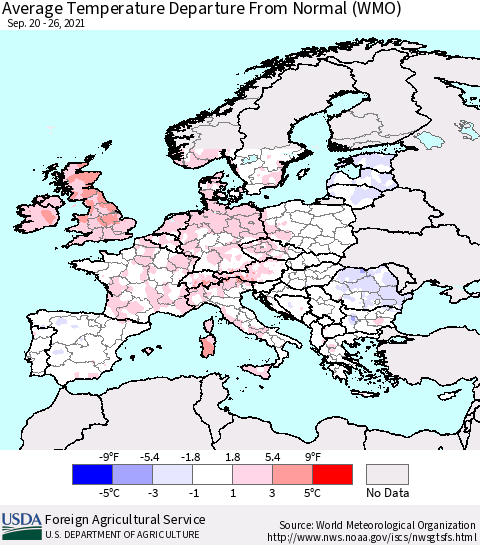 Europe Average Temperature Departure from Normal (WMO) Thematic Map For 9/20/2021 - 9/26/2021