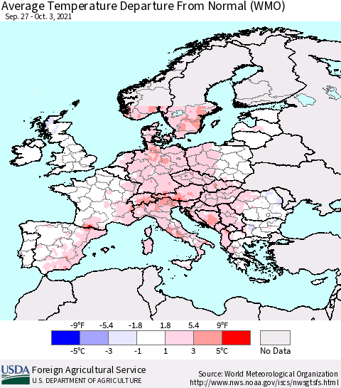 Europe Average Temperature Departure from Normal (WMO) Thematic Map For 9/27/2021 - 10/3/2021