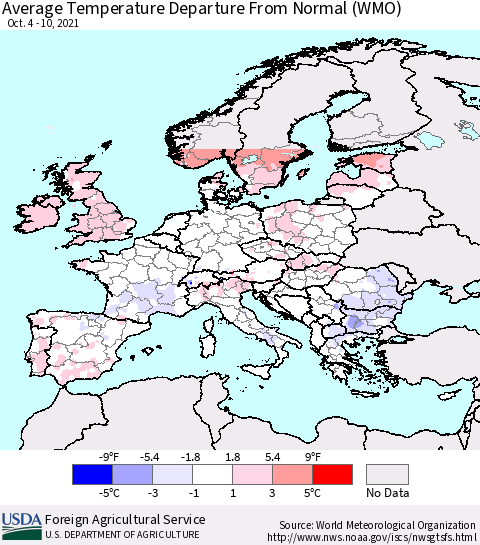 Europe Average Temperature Departure from Normal (WMO) Thematic Map For 10/4/2021 - 10/10/2021