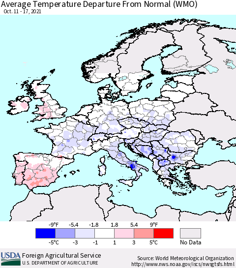 Europe Average Temperature Departure from Normal (WMO) Thematic Map For 10/11/2021 - 10/17/2021